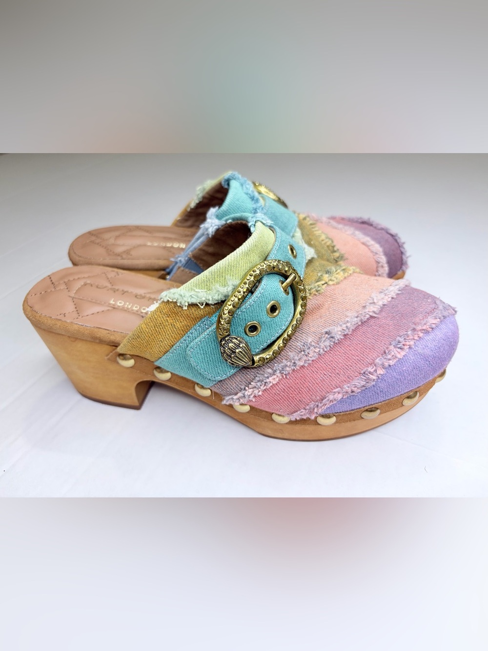 Kurt Geiger London Mayfair Rainbow Denim Patchwork Clog Sz 6 Fringe Eagle Buckle